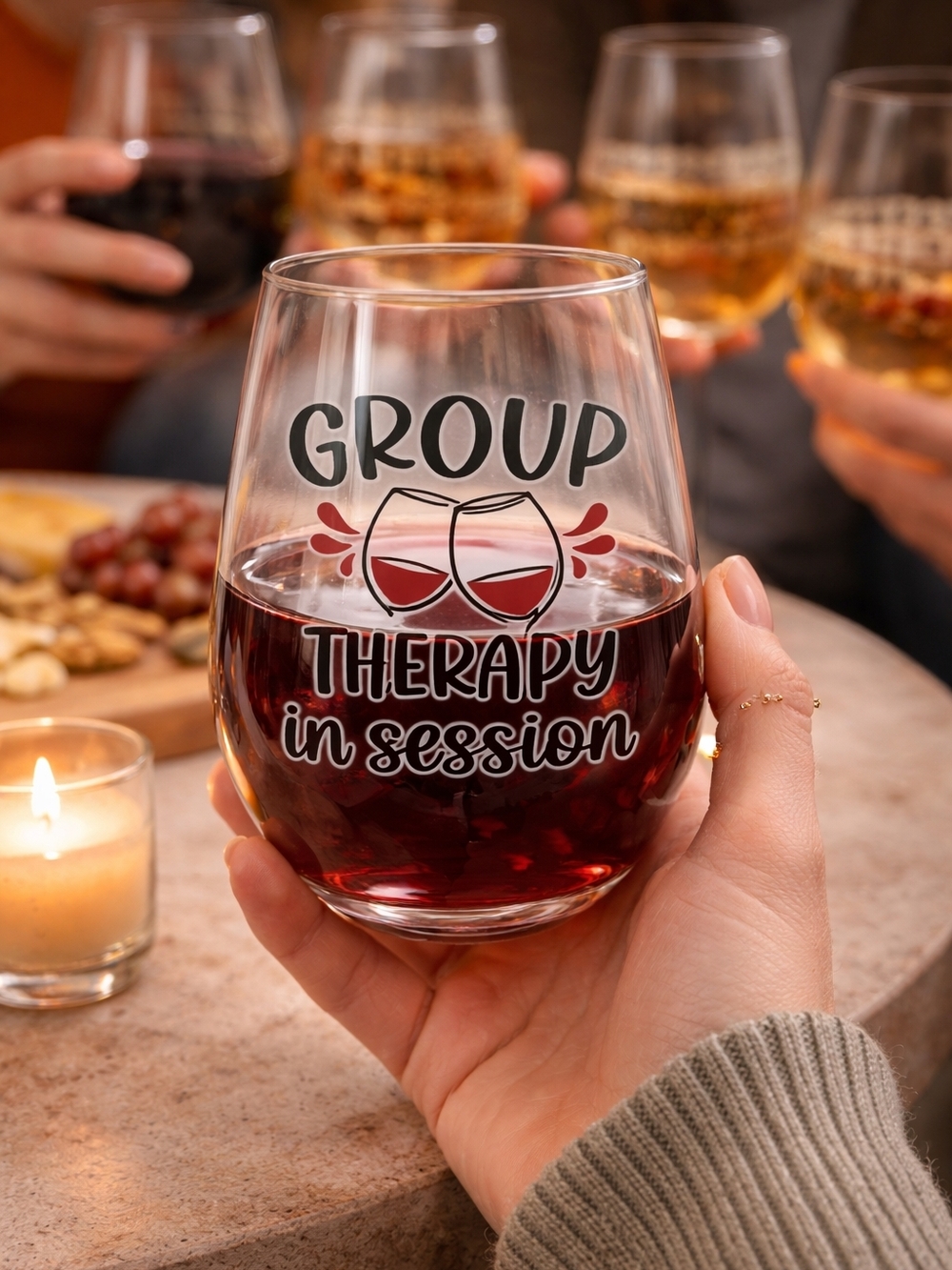 Group Therapy in Session Stemless Wine Glass - Black & Red Design